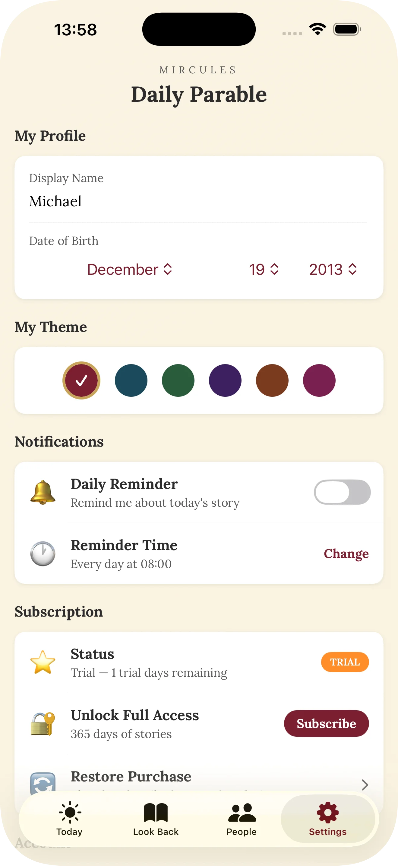 Settings — theme, notifications, subscription