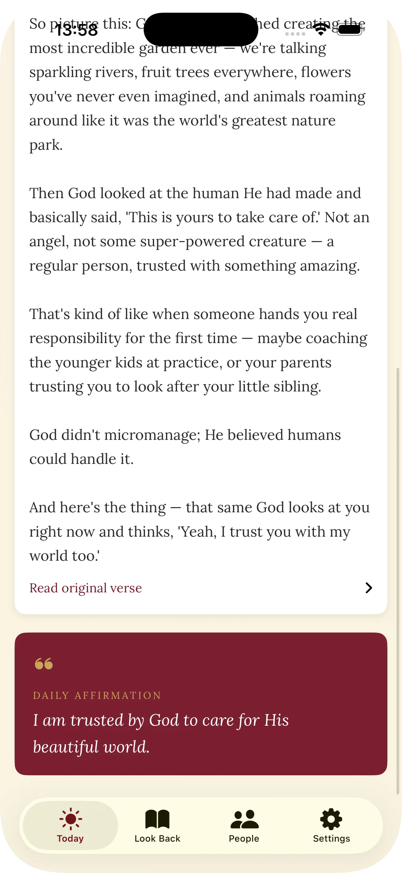 Today screen with original verse and affirmation
